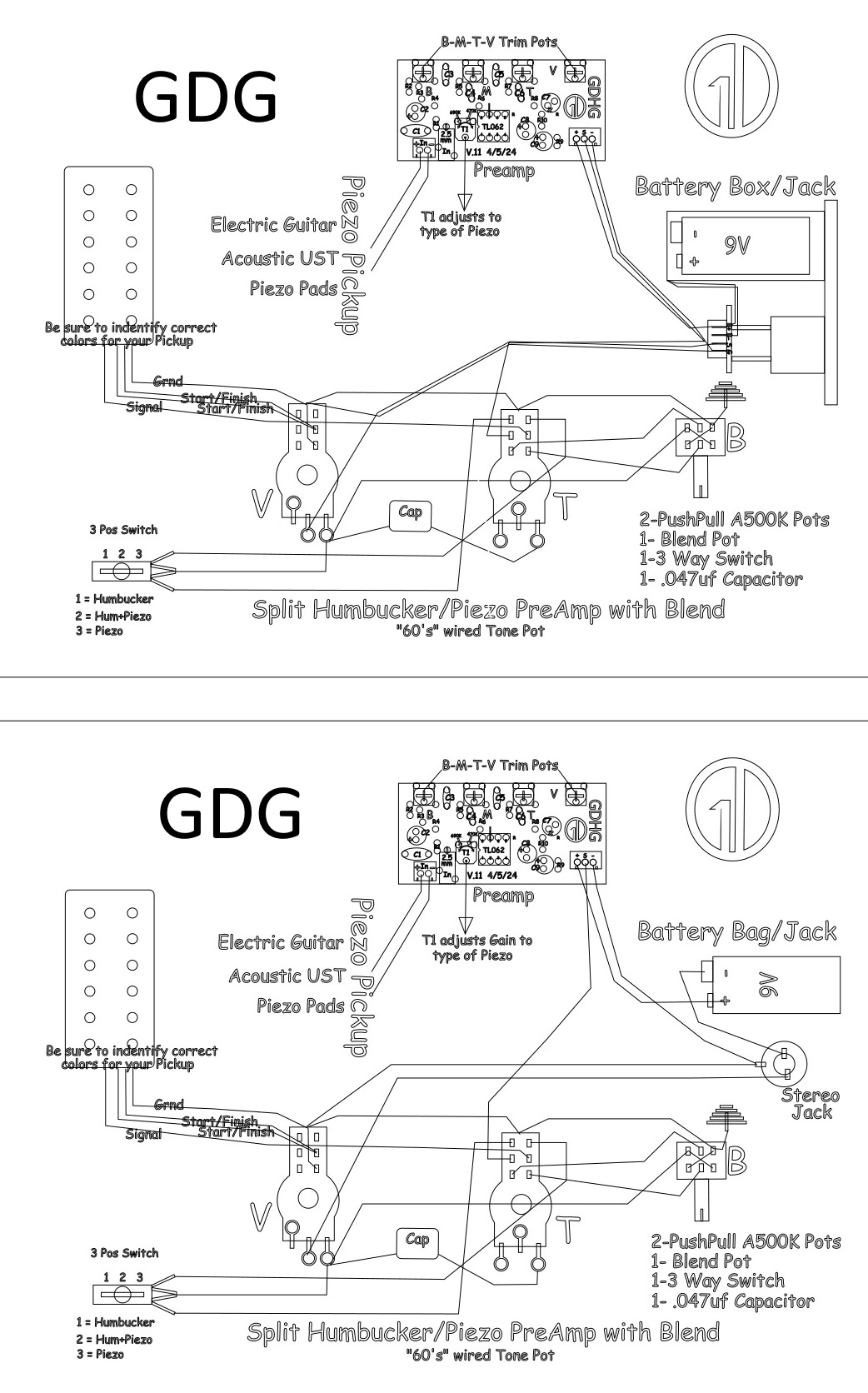 Wing Diagram for Humbucker and Piezo Pick-ups